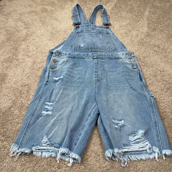 KanCan Overall Shorts Womens Medium Blue Distressed Denim Jean Country Festival - Picture 2 of 8